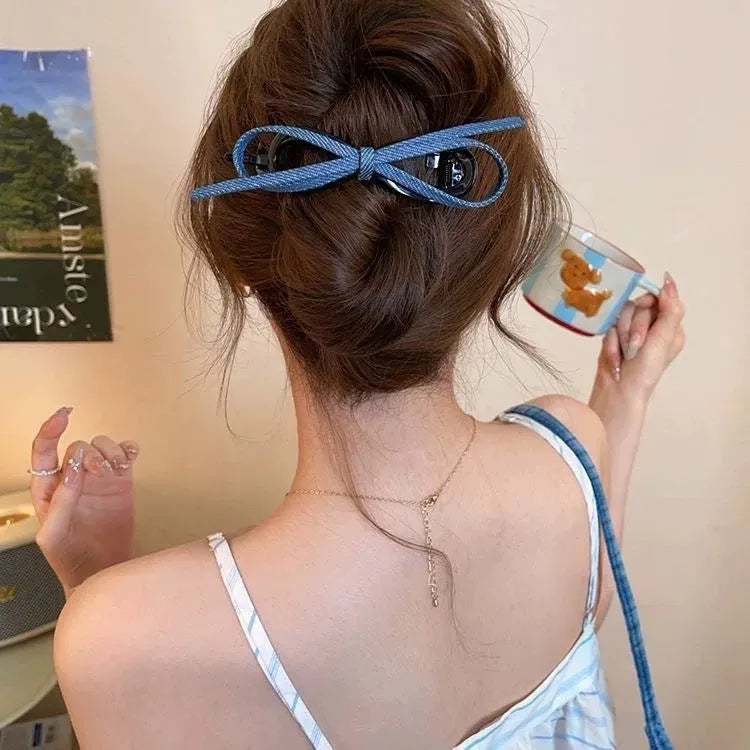 Women's handmade hair clip with denim fabric bow triangle decoration and plastic grip