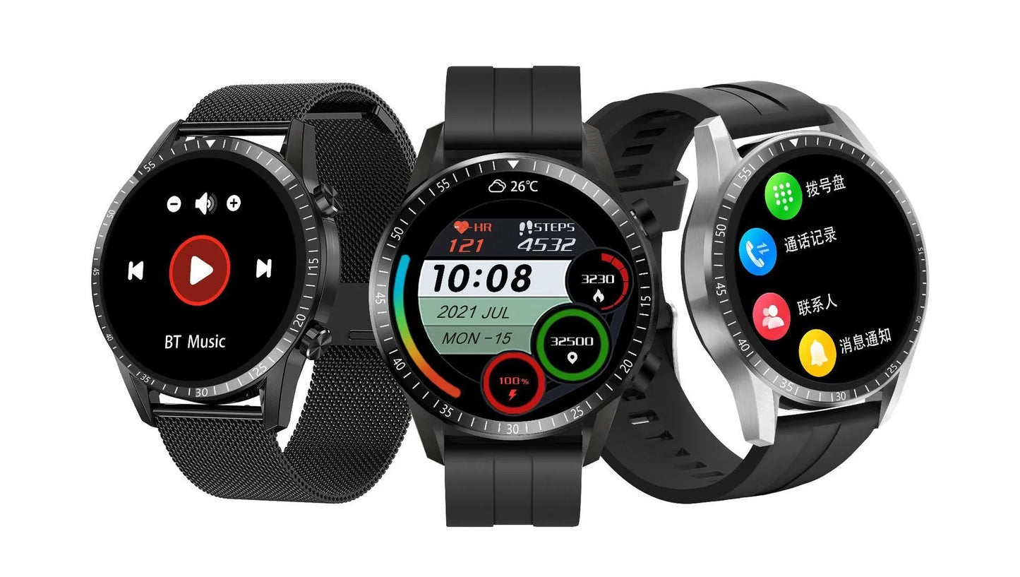 Round aluminium alloy smartwatch with Bluetooth calling on wrist, showing black colour option.