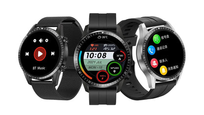 Round aluminium alloy smartwatch with Bluetooth calling on wrist, showing black colour option.