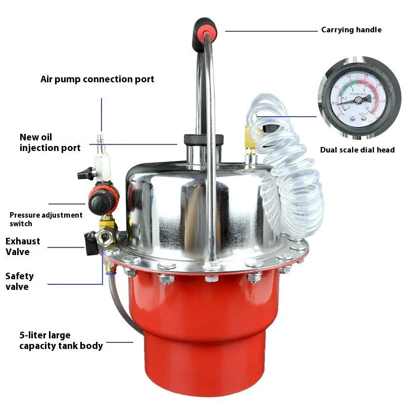 Pneumatic brake fluid replacement machine pumping tool with 5 litre capacity tank, 10L total fluid capacity, 10-40 Psi working pressure range and manual pressure regulator for vehicle brake system maintenance and servicing