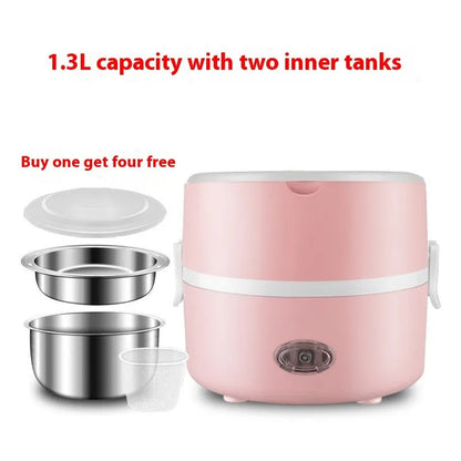 Portable plug-in insulated lunch box with stainless steel inner liner, shown in coffee and pink colour options.
