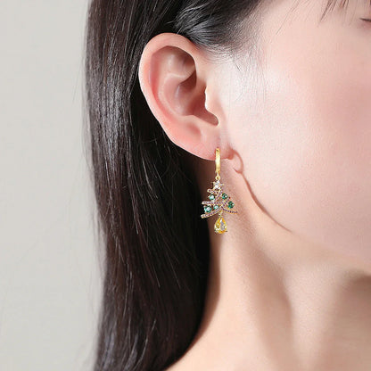 Shimmering gold Christmas tree earrings with colorful rhinestones, a must-have holiday fashion accessory