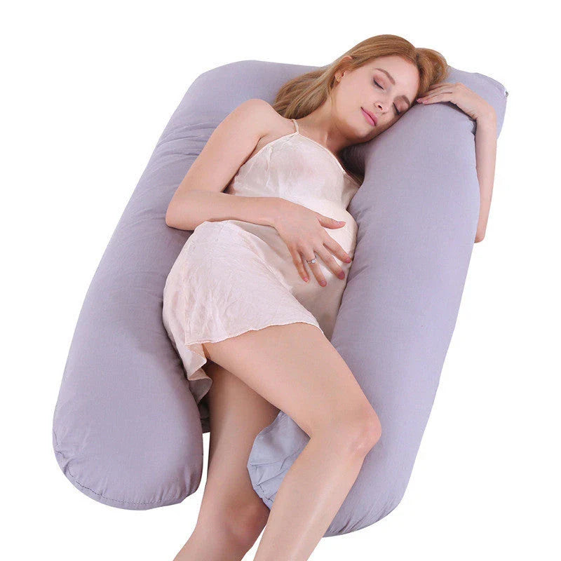 Premium U-shaped pregnancy pillow with pure cotton exterior and polyester fiber filling, designed to provide soothing support and refreshing coolness for expectant mothers.