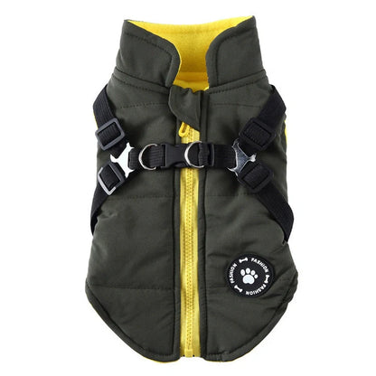 Comfy cotton-padded jacket with adjustable chest strap, available in black, blue, green, and red colours, suitable for pets