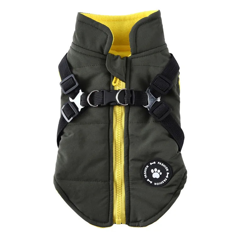 Chest strap dog jacket in polyester material showing harness-style design and cotton-padded construction