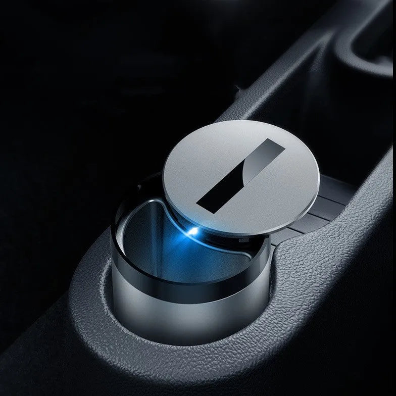 Automatic car ashtray in gun grey colour showing 7x10cm dimensions