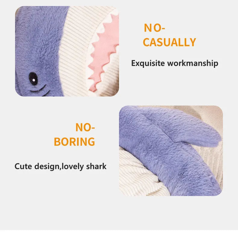 Blue shark pattern velvet pet bed cushion for small dog on wooden floor