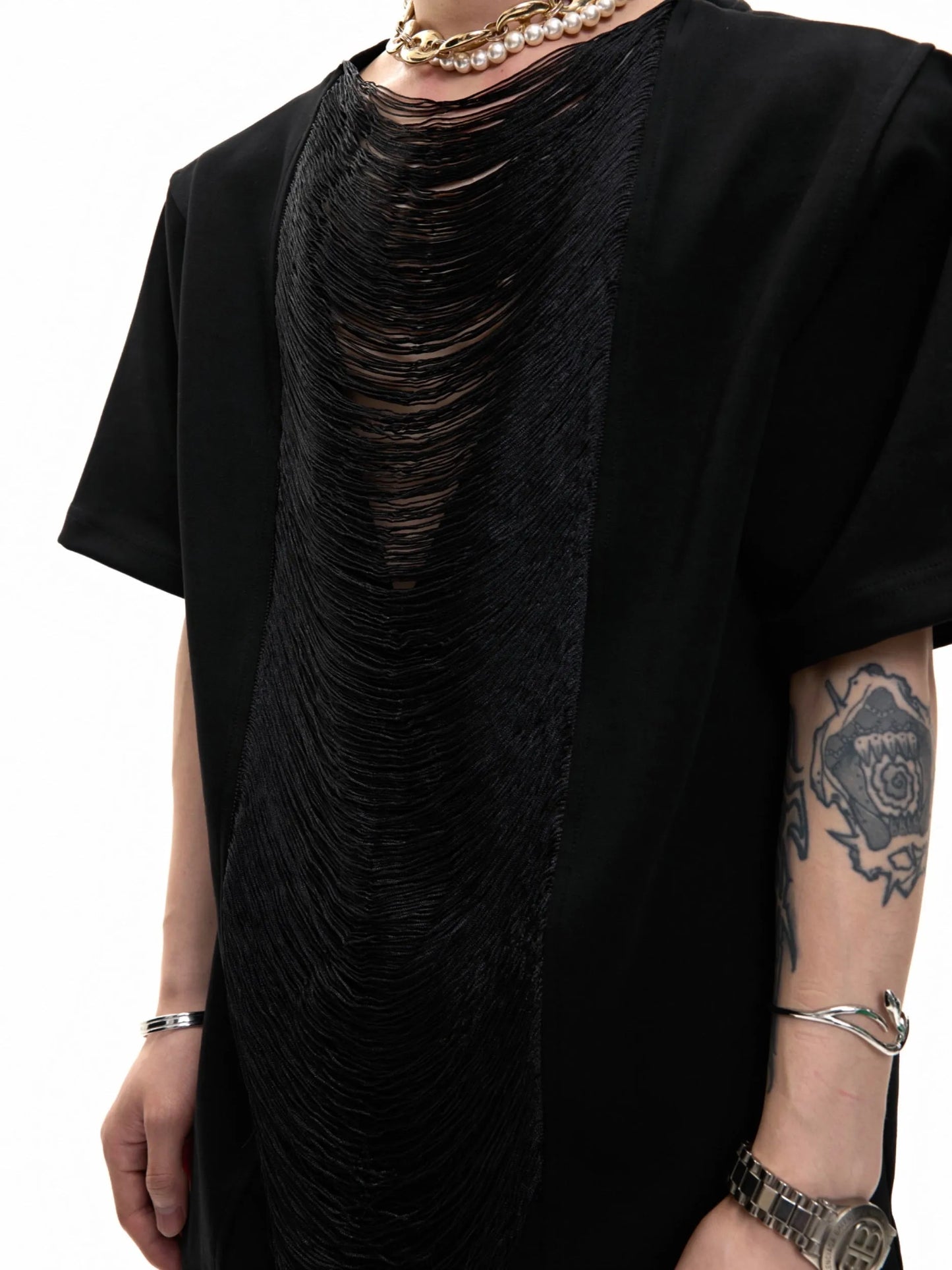 Man's black loose fit t-shirt with a hollow out V-neck design and short sleeves.