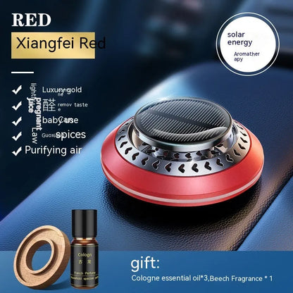 Solar-powered aluminium car air purifier with essential oil bottle and beech wood chips for odour removal.