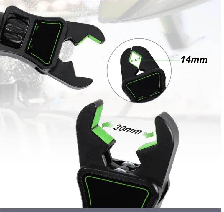 Universal car phone holder attached to a rear view mirror, shown in black and green colour.