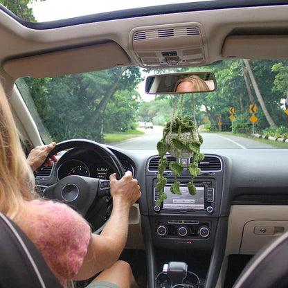 Green and white fishing style car plant decoration with 8cm base and 25cm hanging rope