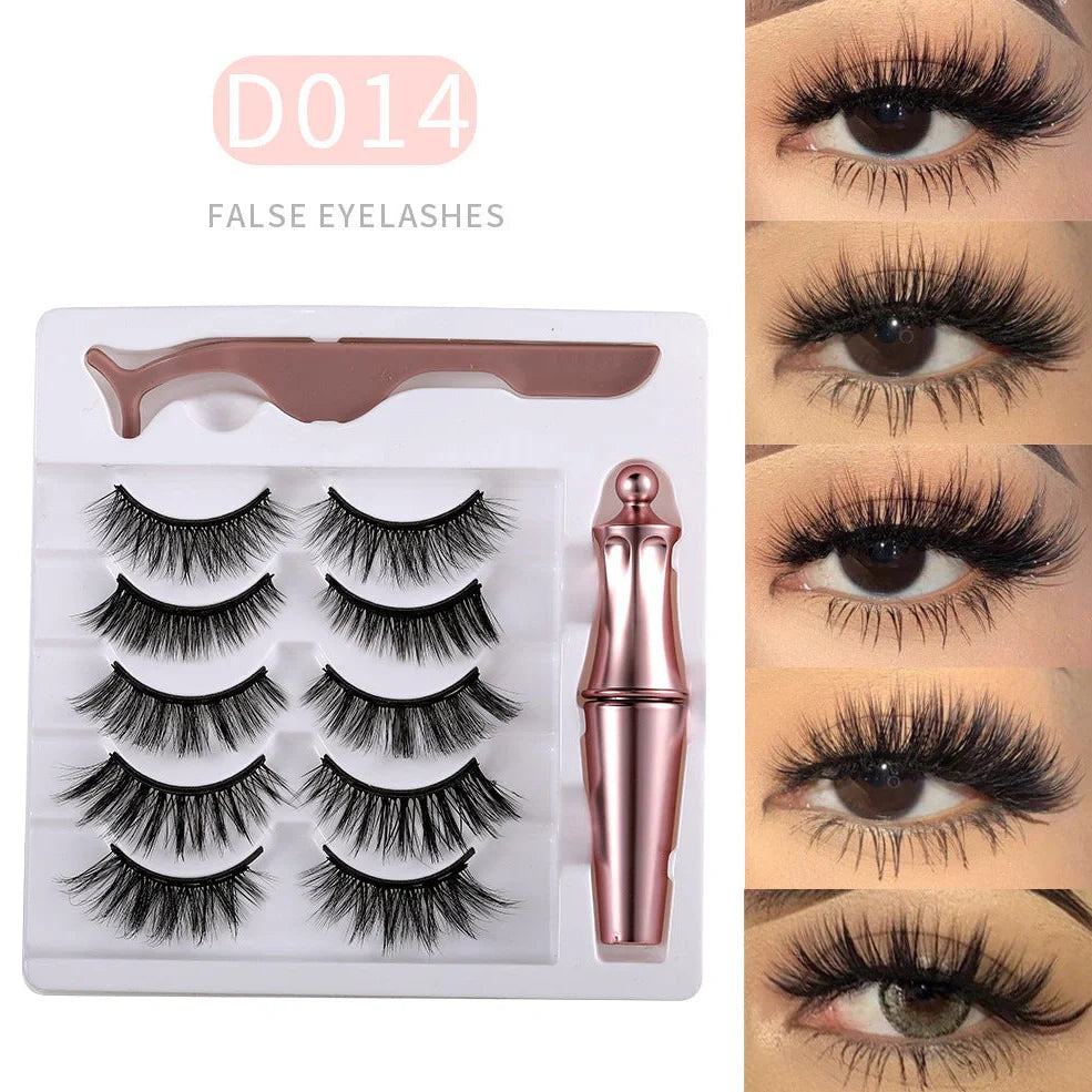 5 pairs of magnetic false eyelashes with tweezers and eyeliner on white background