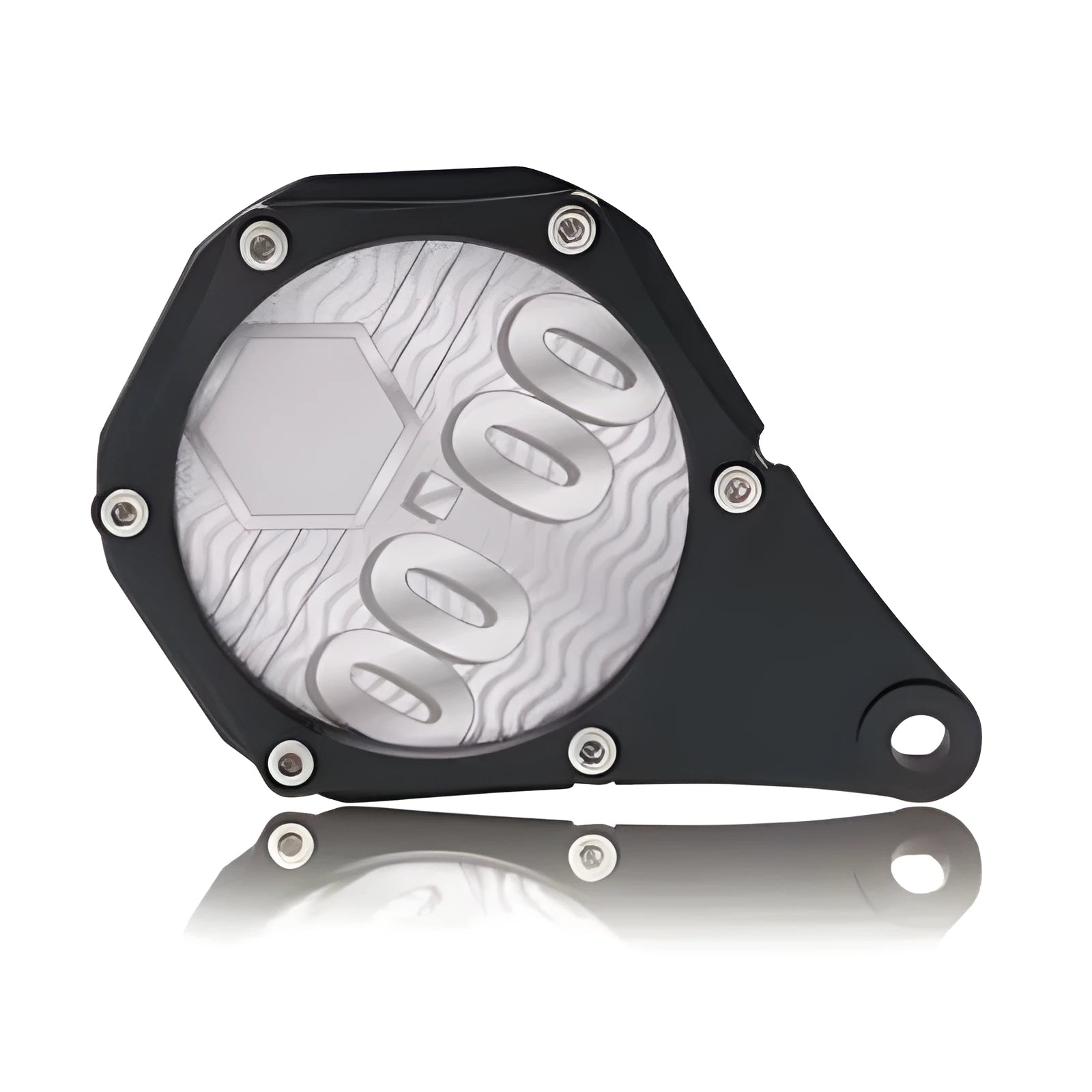 Black motorcycle tax disc holder with carbon fibre pattern and six-corner security screw