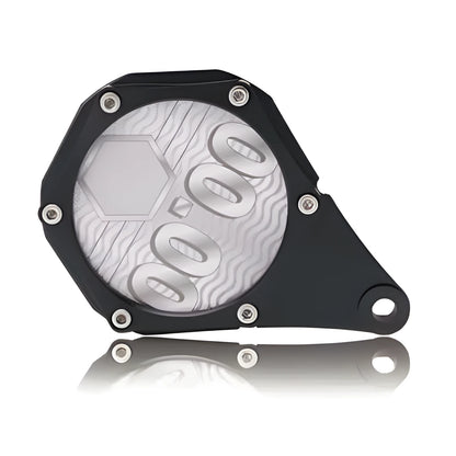 Black motorcycle tax disc holder with carbon fibre pattern and six-corner security screw