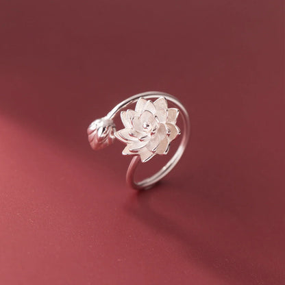 Adjustable silver lotus ring with Chinese elegance and electroplated finish