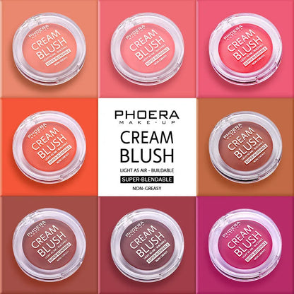 PHOERA Light and Brightening Blush Cream pot in one of eight colours: Freesia, Peach, Strawberry, Sunflower, Dusk, Sunset, Grape, or Berry.