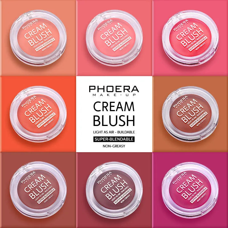 PHOERA light and brightening blush cream available in eight colours including Freesia, Peach, Strawberry, Sunflower, Dusk, Sunset, Grape, and Berry, providing a cream blush formula for a natural-looking flush of colour on the cheeks