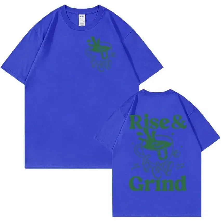 Men's loose grey linen t-shirt with a printed green coffee cartoon and 'Rise and Grind' text.