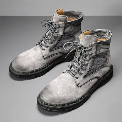Men's vintage-style Martin boots in black with round toe, low thick heel, and frosted microfiber leather upper.