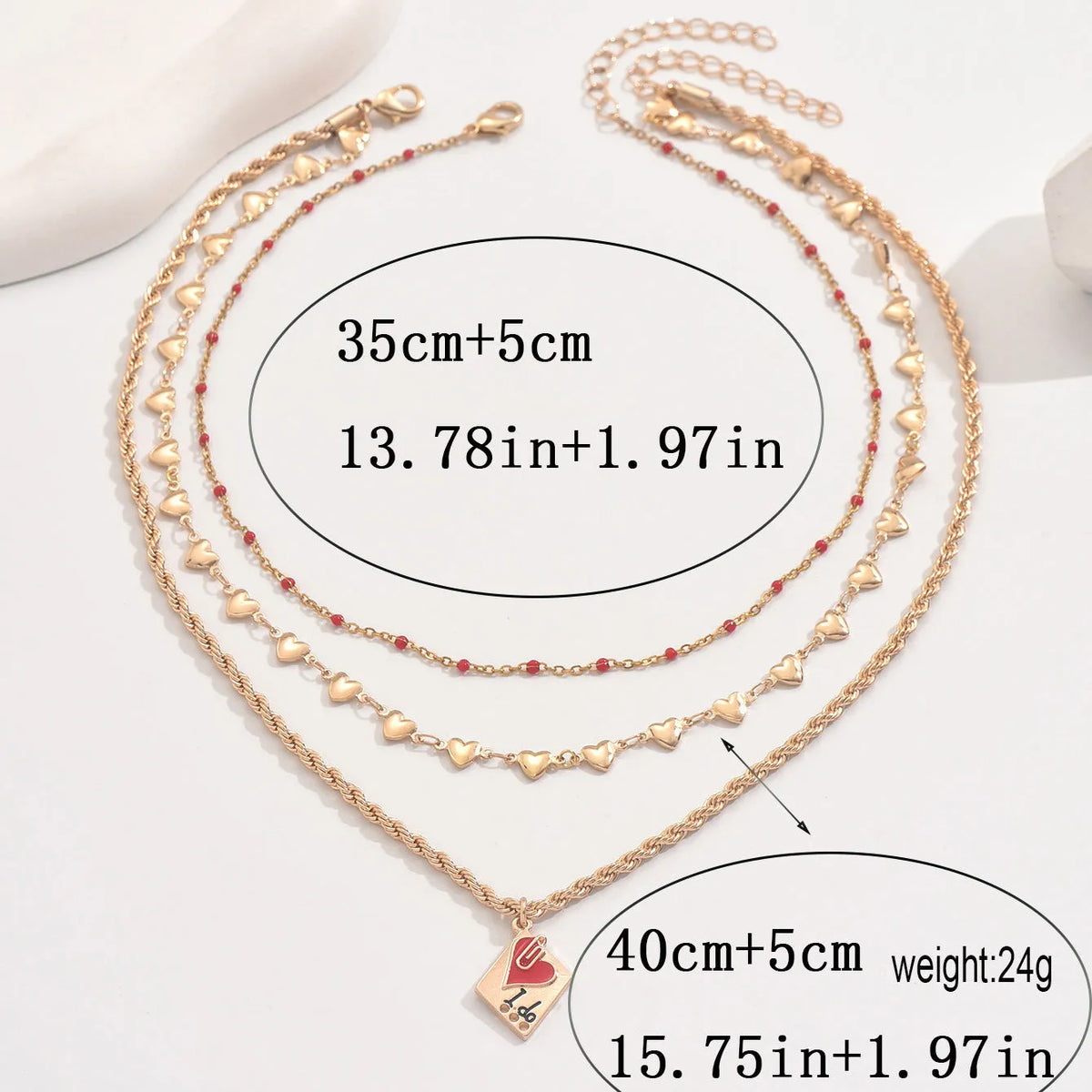 Three-layer geometric clavicle chain necklace with heart pendant on adjustable zinc alloy chain