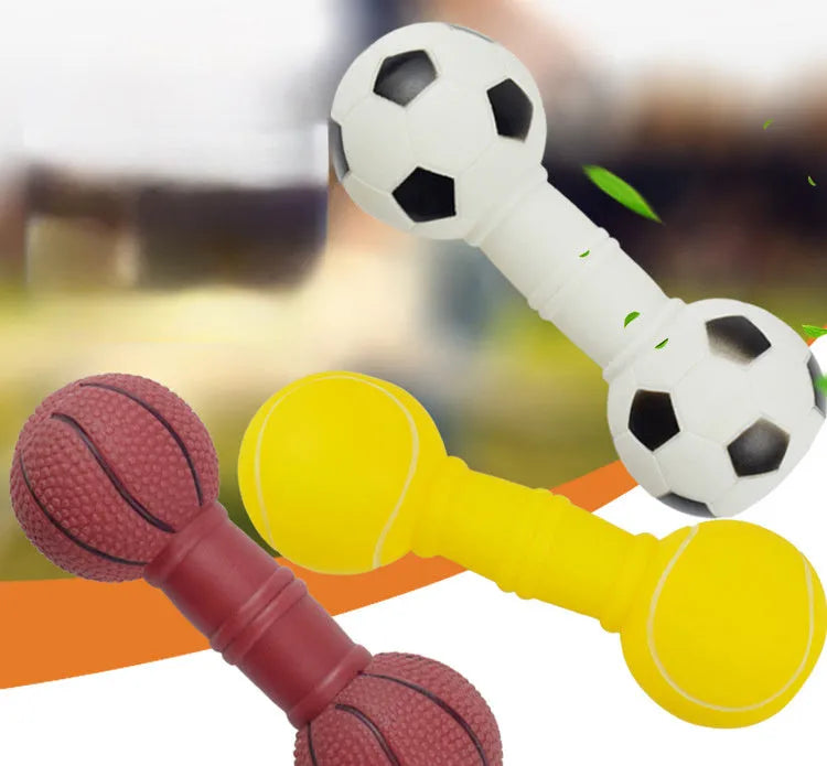 Non-toxic PVC football dumbbell shaped squeaky dog chew toy in brown, orange, white, or yellow.