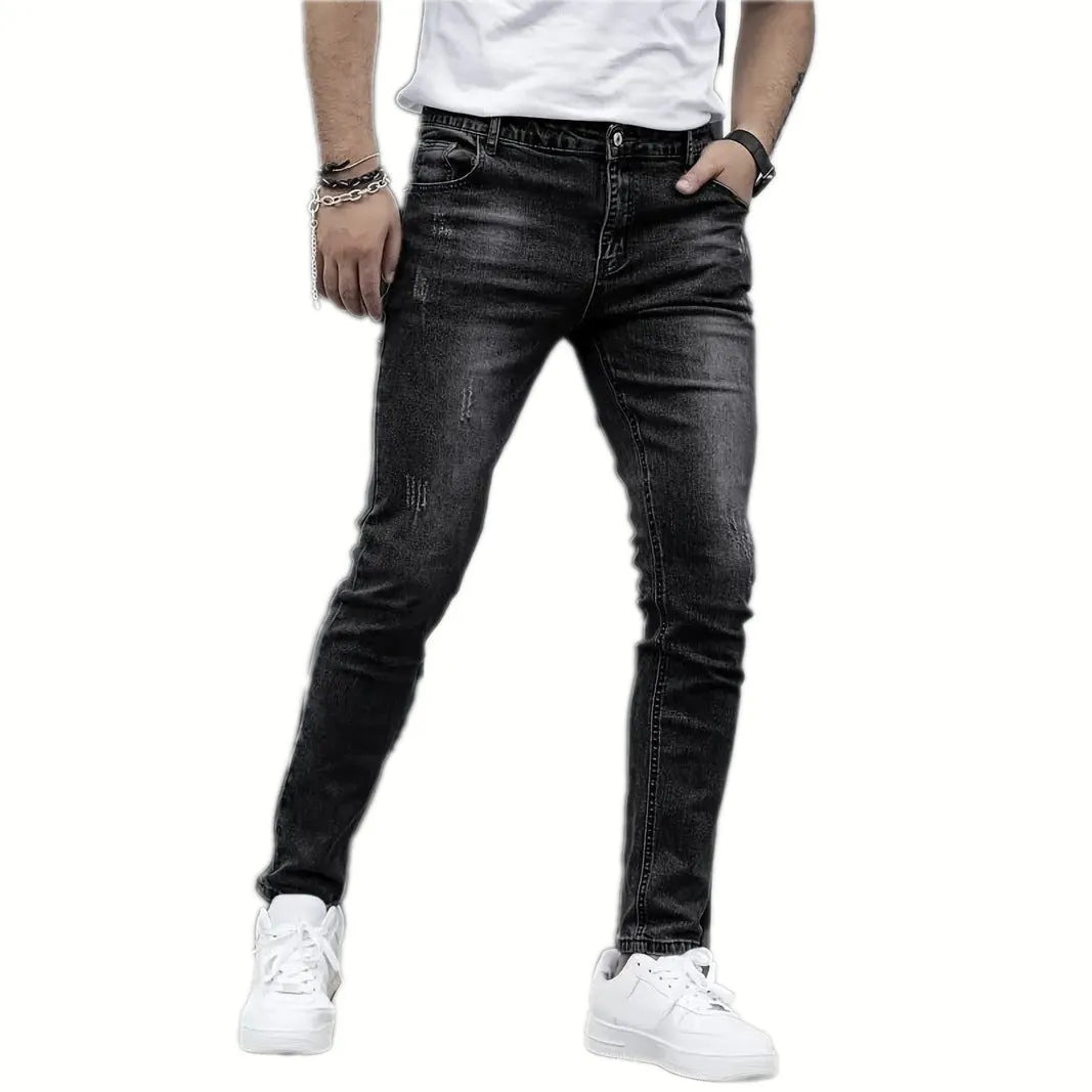Men's stretch cotton spandex jeans in straight leg skinny cut, dark blue colour