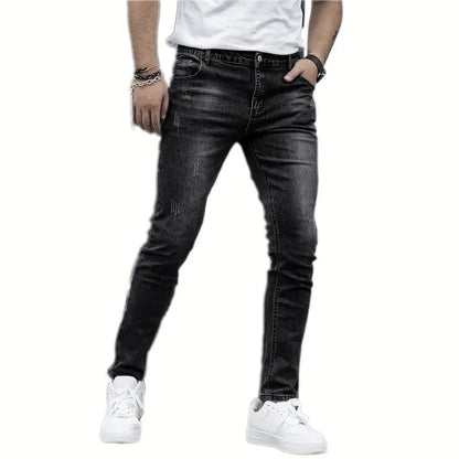 Men's stretch cotton spandex jeans in straight leg skinny cut, dark blue colour