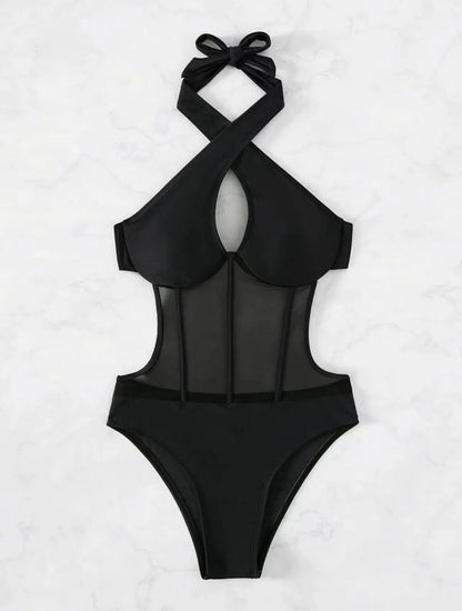 Ladies one-piece swimsuit bikini in nylon spandex blend available in black, rose red and green colours