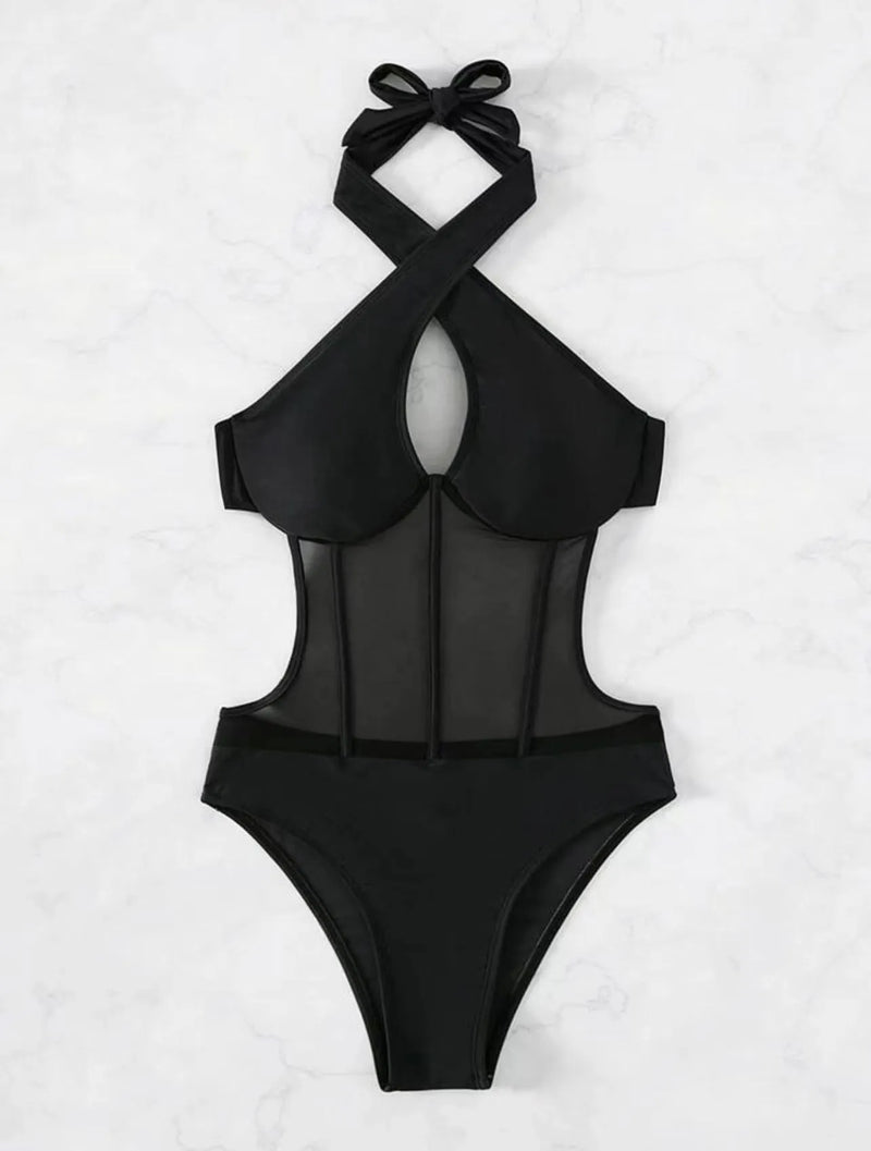 Ladies one-piece swimsuit bikini made from nylon and polyester spandex blend fabric in 80/20 composition, available in black, rose red and green colour options with S, M, L and XL size range