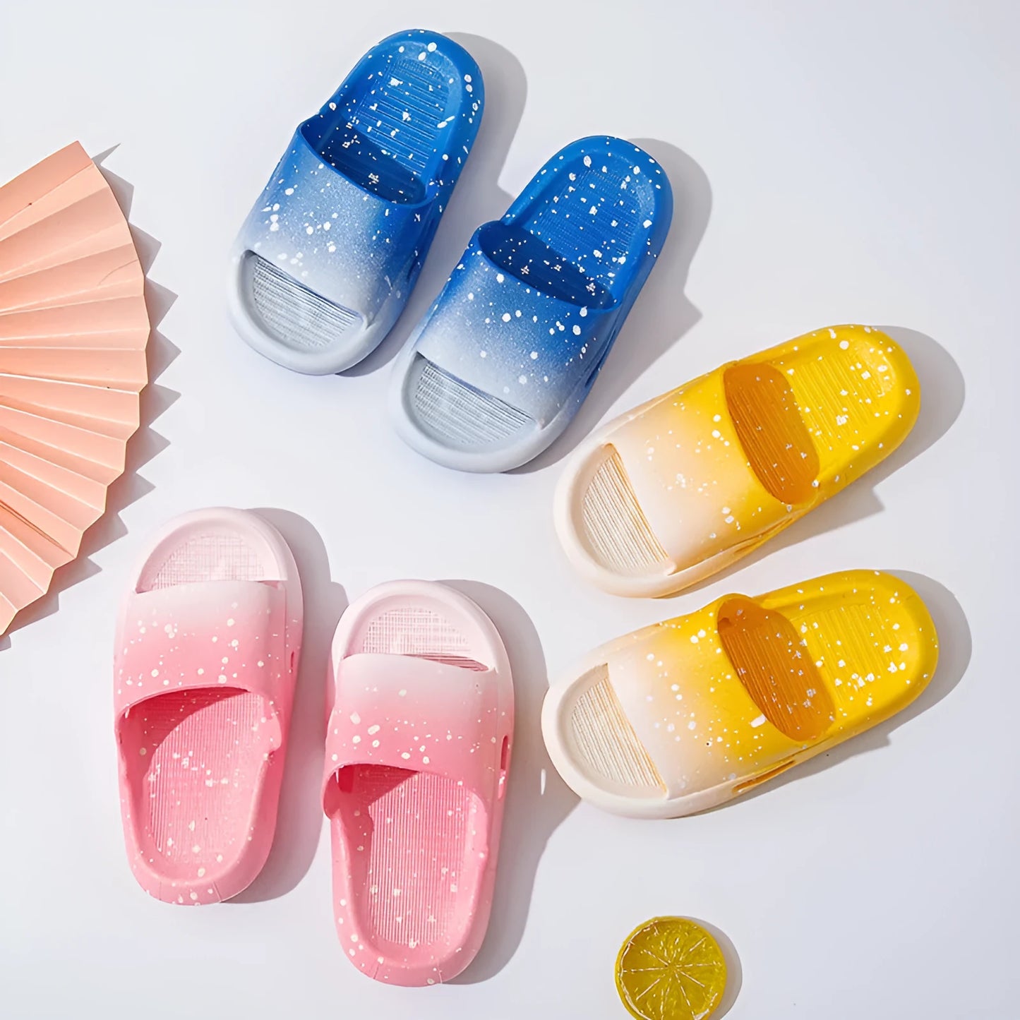 Children's gradient-colour PVC summer slippers showing non-slip sole and European style design