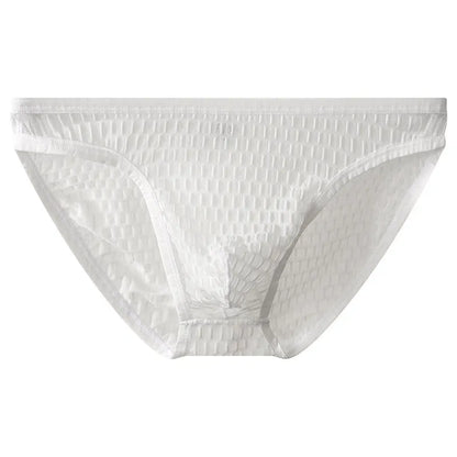 Men's low waist transparent lace underwear in various colours on a size chart background.