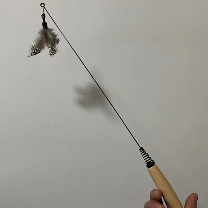 Wooden handle cat teasing stick with spring and four feather bell replacement heads in different colours
