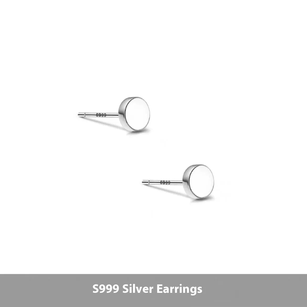 S999 sterling silver round flat bone stud earrings in silver or black, showing size range from 3mm to 8mm.
