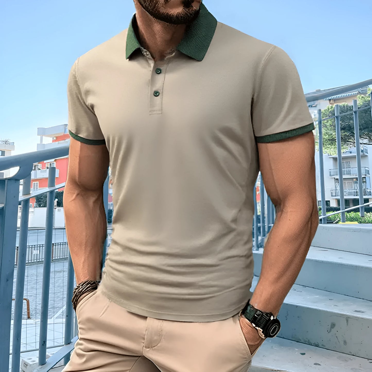Man's short sleeve Ice Silk polo shirt with a flocking print, shown in multiple colour options.