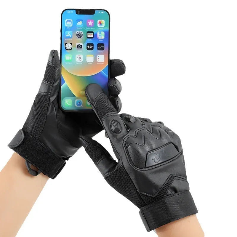 Men's black tactical gloves with touchscreen finger caps, shown in sizes M, L, XL for training use.