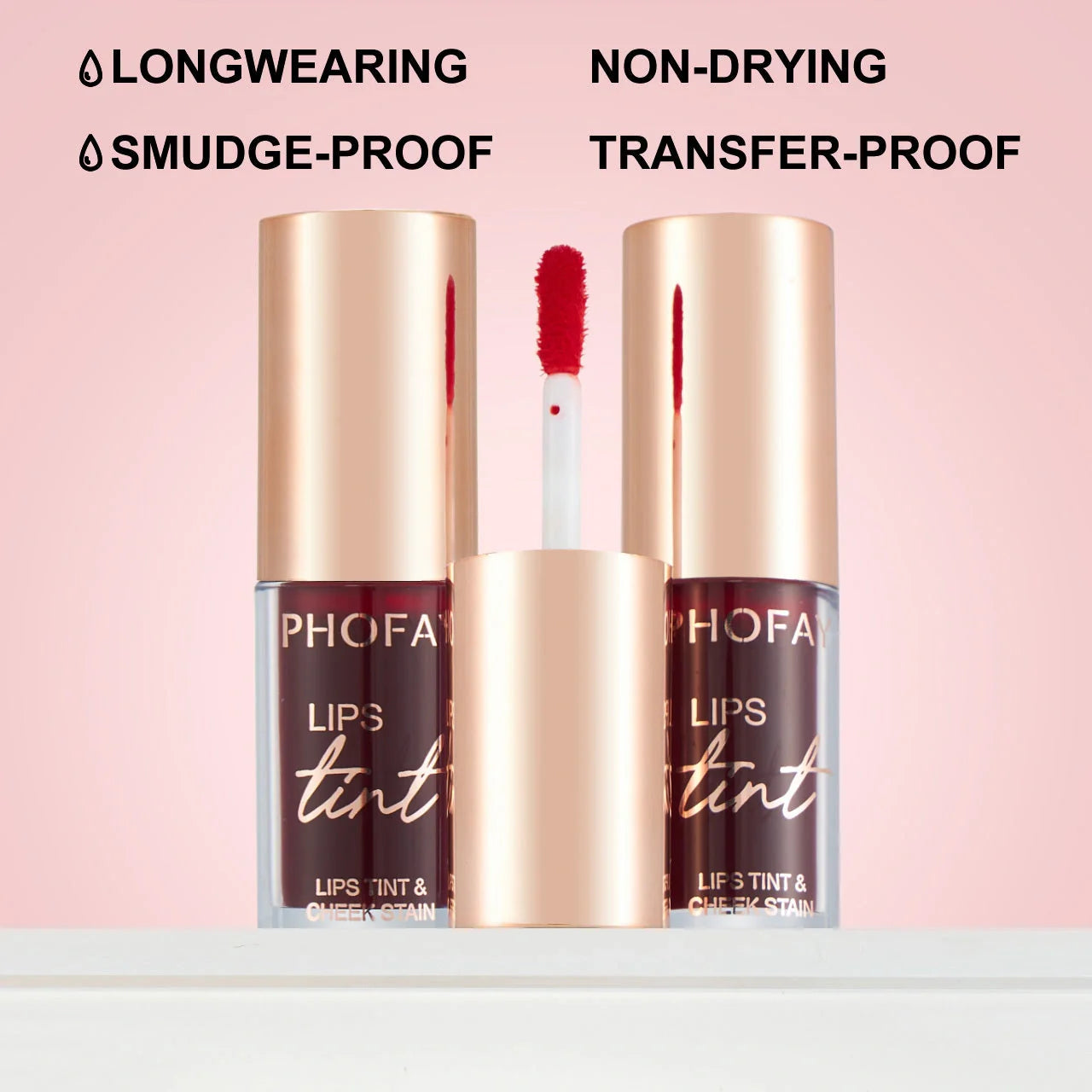 PHOFAY Lip Tint in various shades, showcasing vibrant, long-lasting colour for lips and cheeks.