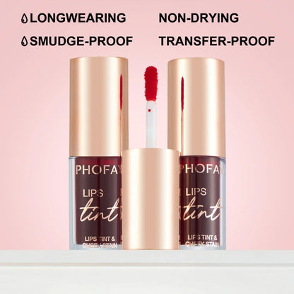PHOFAY Lip Tint in various shades, showcasing vibrant, long-lasting colour for lips and cheeks.