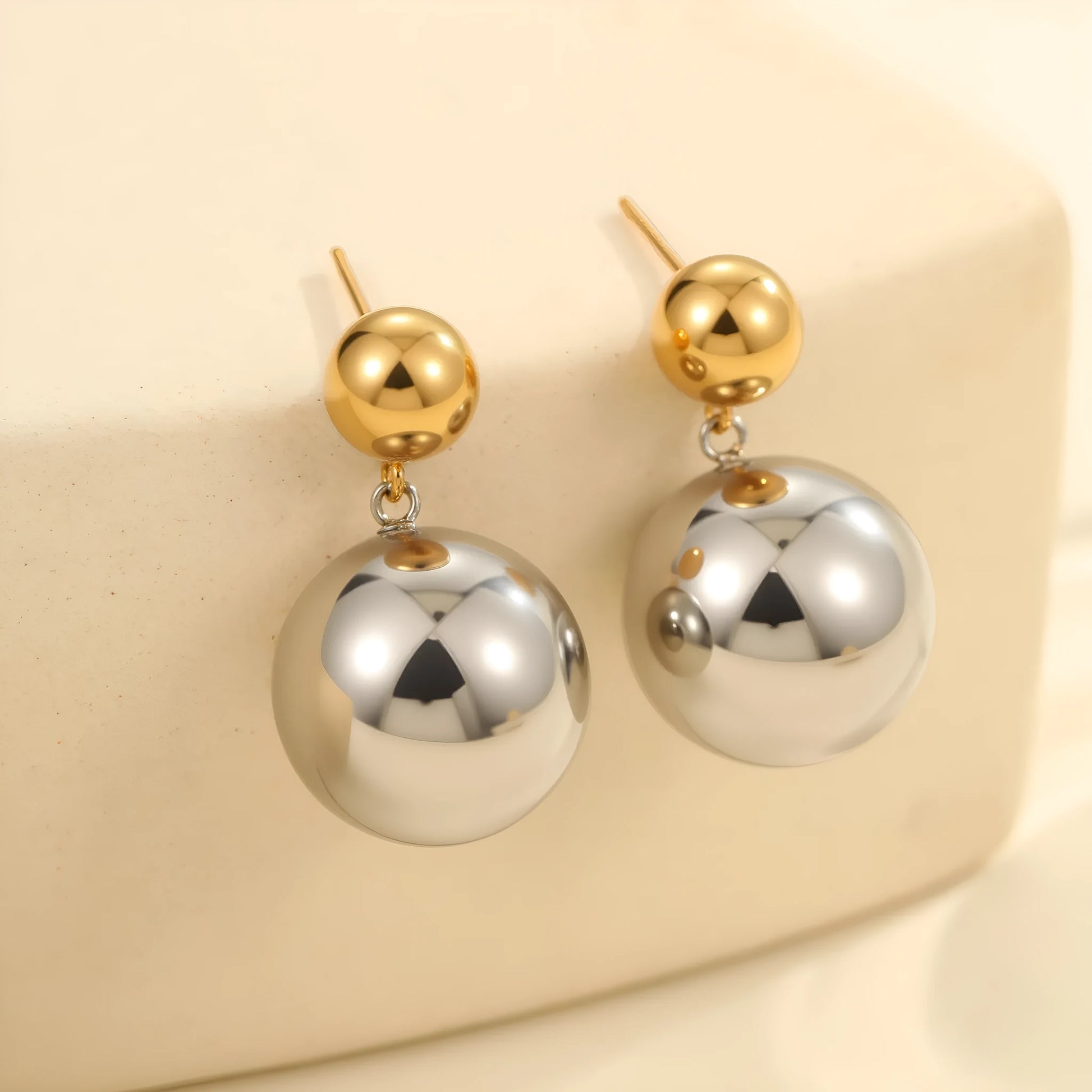 Round beads geometric ear studs with colour-block design and 18K gold electroplated finish