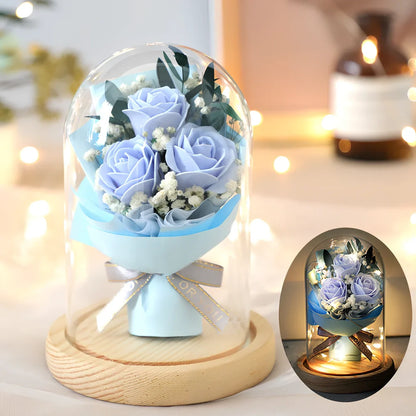 Soap flower bouquet in glass cover with red rose arrangement measuring 16cm height