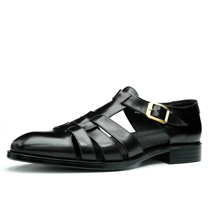 Men's black genuine leather retro business sandals with a rubber sole and pigskin lining.
