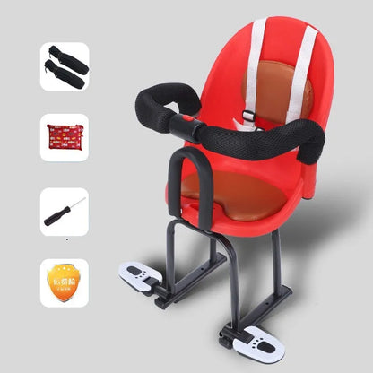 Front-mounted child seat for adult kick scooter in red, showing high-carbon steel frame and secure deck mounting points.
