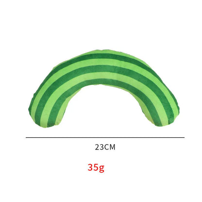 Striped pattern cat pillow toy with noise feature and catnip, measuring 23cm by 20cm, in green, rainbow, or yellow