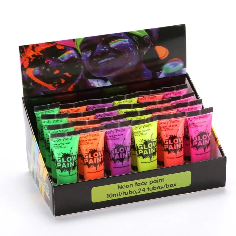 25ml neon face and body paint tubes in red, yellow, green, purple, orange, and pink colours with non-toxic safety