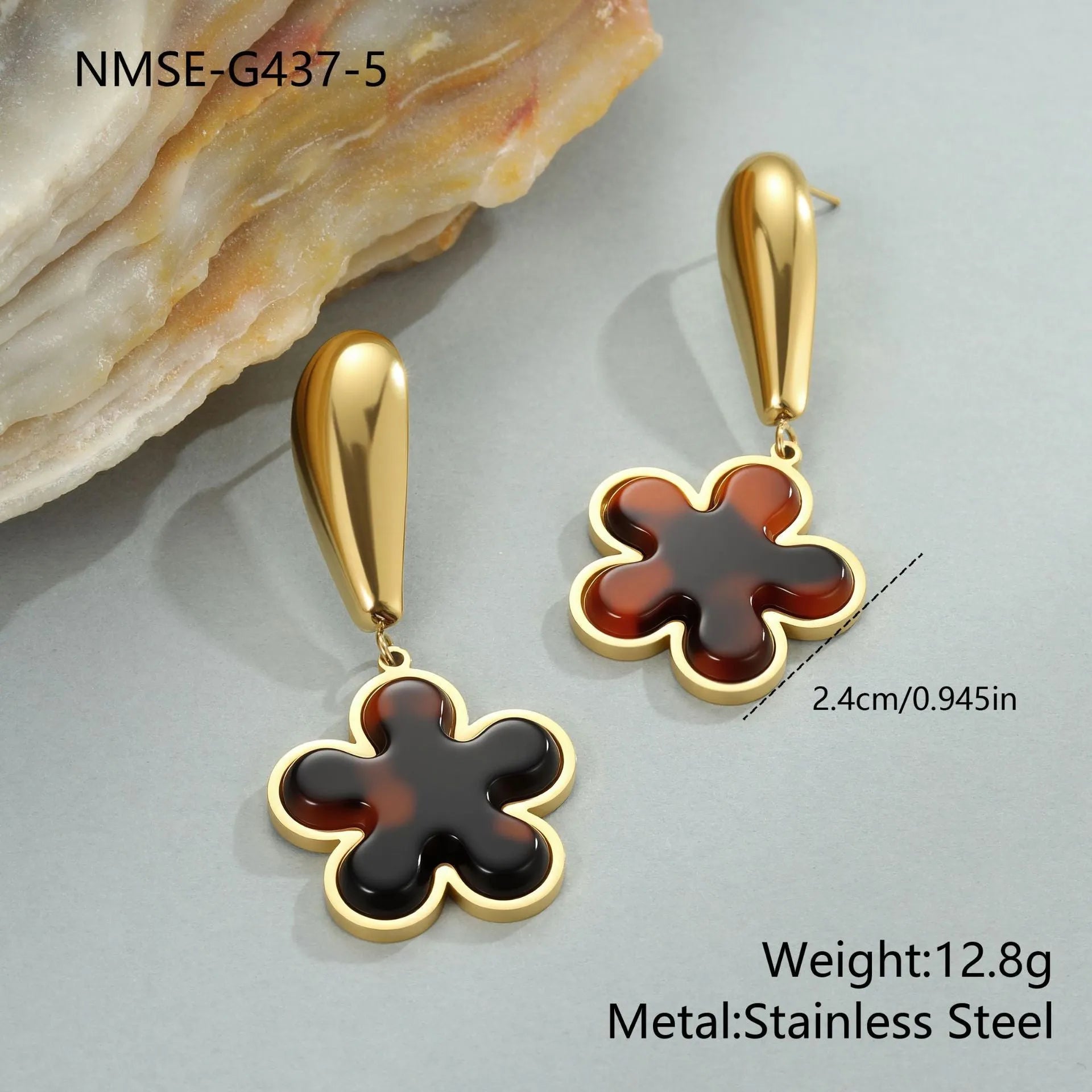 Women's tortoiseshell resin style earrings with 18K gold electroplated finish on stainless steel, heart and floral designs