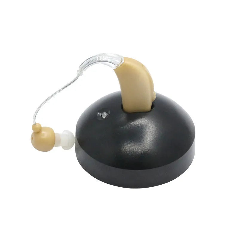 Black silicone rechargeable hearing aid amplifier for elderly users with charging cable