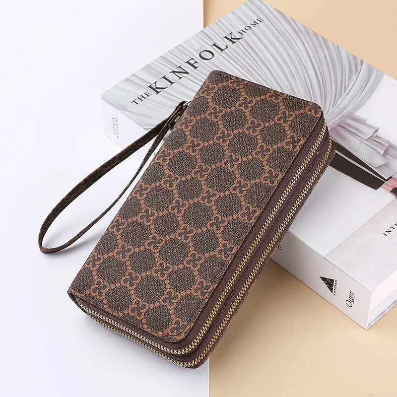 Black European retro style PU leather long wallet clutch open to show mobile phone pocket, coin purse, and zipper compartments