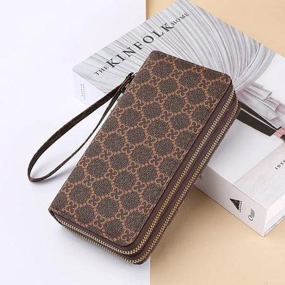 Black European retro style PU leather long wallet clutch open to show mobile phone pocket, coin purse, and zipper compartments