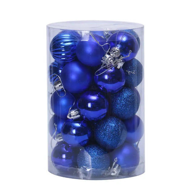 Assortment of 34 round 4cm plastic Christmas baubles in gold, silver, red, blue, and other colours.