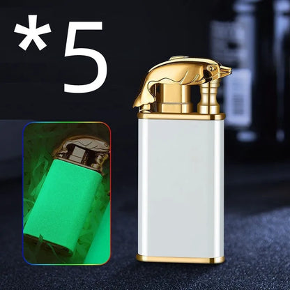 Metal windproof lighter with double flame and dragon design, showing flame from mouth.