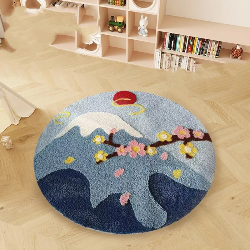 Round blue children's carpet with cartoon snow mountain and Hailang graphic on polyester fabric.